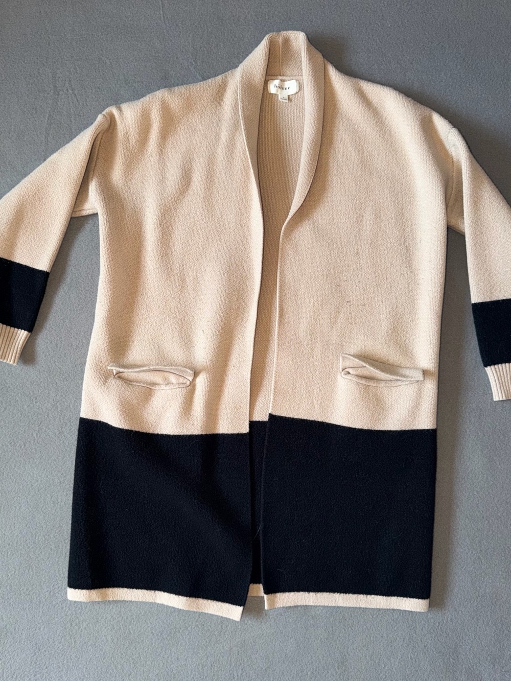 Bohme Cream and Black Open-Front Long Cardigan Sweater